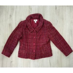 Talbots Petite Tweed Jacket Blazer Red Pink Boucle Cropped Peplum 14 Petite